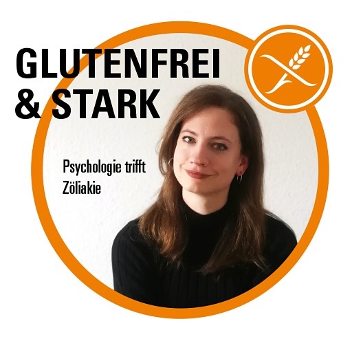 Logo des Podcasts ‚Glutenfrei & Stark‘ mit einer Frau mit langen braunen Haaren, die lächelnd vor einer weißen Wand sitzt. Im Kreisrahmen steht ‚Psychologie trifft Zöliakie‘, daneben ein glutenfreies Symbol.