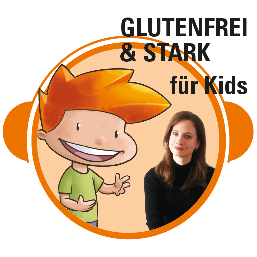 Podcast ‚Glutenfrei & Stark für Kids‘ – fröhlicher Cartoon-Junge mit roten Haaren und lächelnde Frau im Kreisrahmen. Deutsche Zöliakie Gesellschaft e.V.