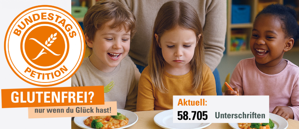 3 Kinder sitzen nebeneinsnder und essen. Das mittlere Kind, ein kleines Mädchen schaut traurig auf ihren leeren Teller. Links daneben ist das Petitionslogo und darunter steht Glutenfrei? Nur wenn du Glück hast.