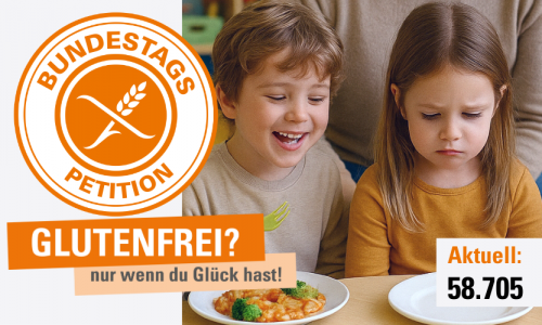 3 Kinder sitzen nebeneinsnder und essen. Das mittlere Kind, ein kleines Mädchen schaut traurig auf ihren leeren Teller. Links daneben ist das Petitionslogo und darunter steht Glutenfrei? Nur wenn du Glück hast.
